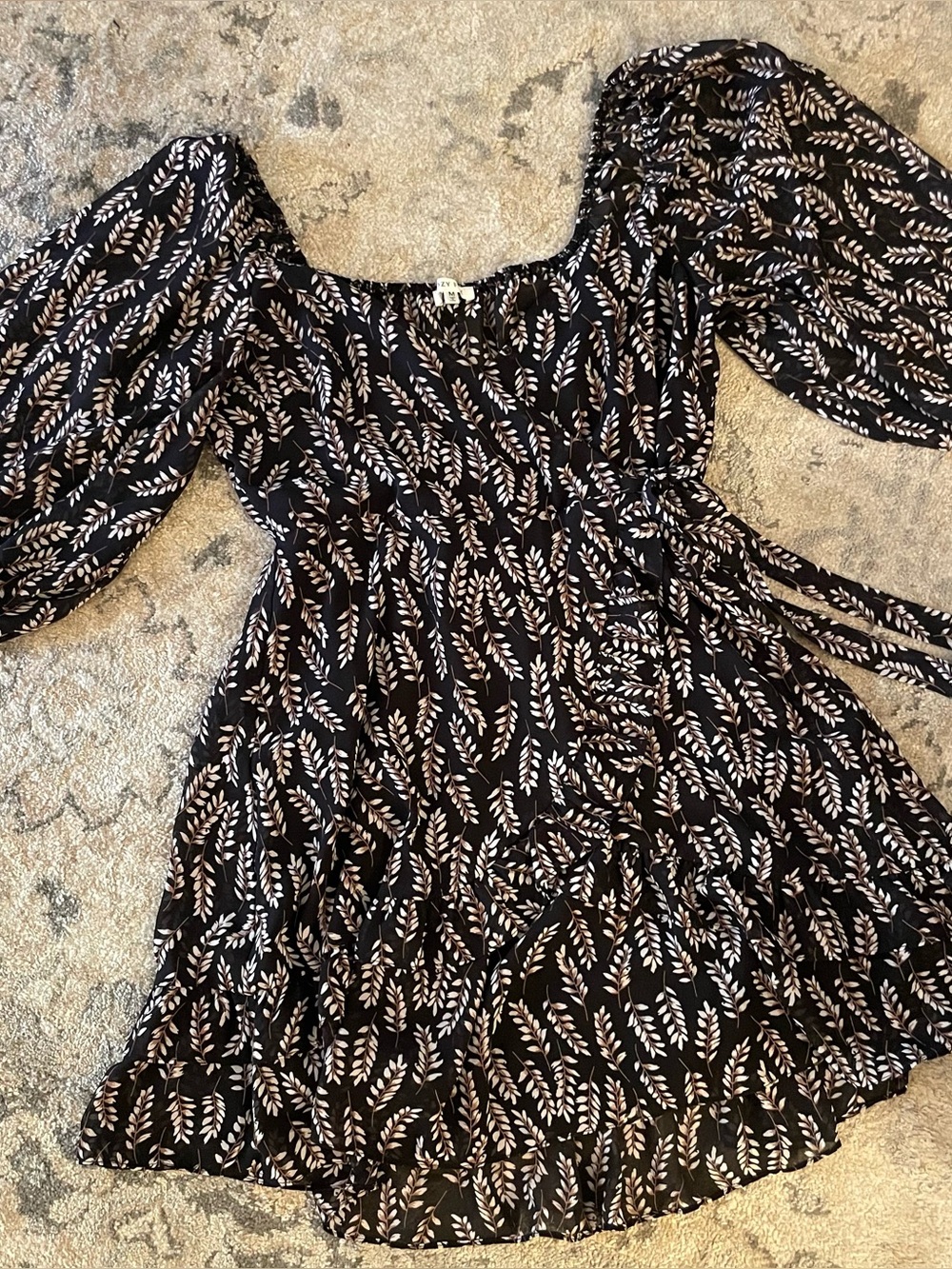 Cozy Fox Black Floral-Print Puff Sleeve Wrap Mini Dress